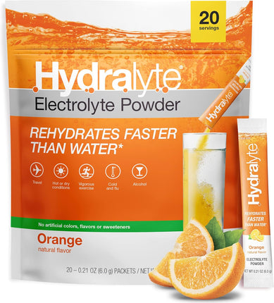 Electrolyte Powder Packets | Orange Hydration Packets | Easy Dissolve Electrolyte Powder for Rehydration Solutions | Low Sugar Hydration Powder Packets | All Natural (8 Oz Serving, 20 Count)