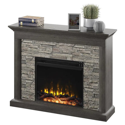 Electric Fireplace Mantel Package in Weathered Gray - Rustic Stacked Stone Surround - Heat 400 SQ FT