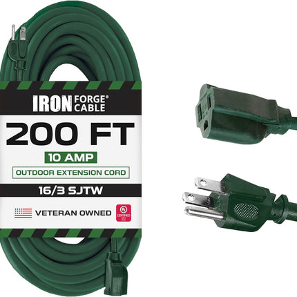 Weatherproof Outdoor Extension Cord 200 Ft, 16/3 SJTW Heavy Duty Green Extension Cord 3 Prong, Power Cable Great for Outside, Outdoor Lights, Lawn & Landscaping - US Veteran Owned