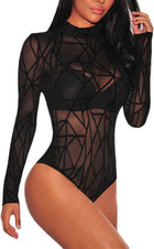 Women'S Sexy Geometric Pattern Sheer Long Sleeve Bodysuit See through Lace High Neck Alluring Tight Bodysuit