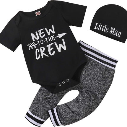 Baby Boy Clothes Newborn Outfits Set Funny Cute Romper Pants Hat 3Pcs Black 6-12 Months