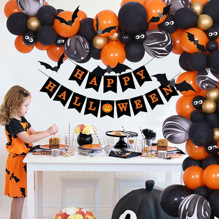 Halloween Balloons Garland Arch Kit, Halloween Party Decorations Set with Halloween Banner Orange,Black and Gold Balloons,Bats Decoration for Halloween Party Supplies