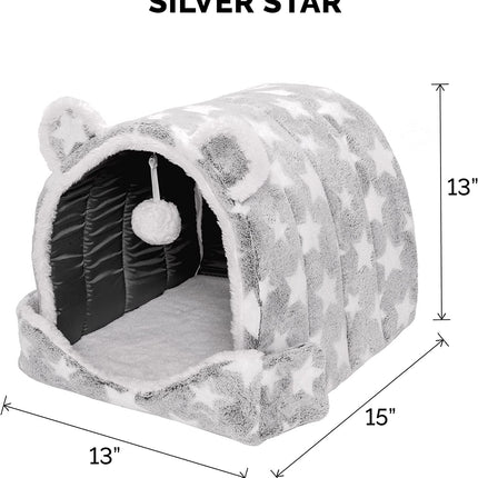 Cat Bed Cave for Indoor Cats & Small Dogs, Washable & Foldable W/ Plush Ball Toy - Cozy Cave-Bear Pet Tent - Silver Stars, Small