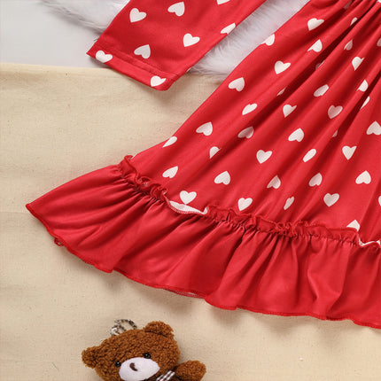 Toddler Girl's Cute 'LOVE' Embroidered Dress, Heart Print Long Sleeve A-Line Dress With Ruffle Hem