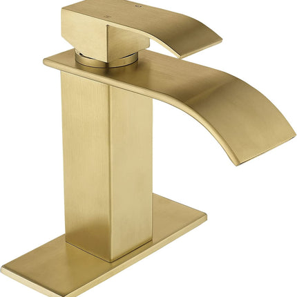 Gold Waterfall Spout Bathroom Faucet,Single Handle Single Hole Bathroom Vanity Sink Faucet, Rv Lavatory Vessel Faucet Basin Mixer Tap with Deck Plate, Brushed Gold