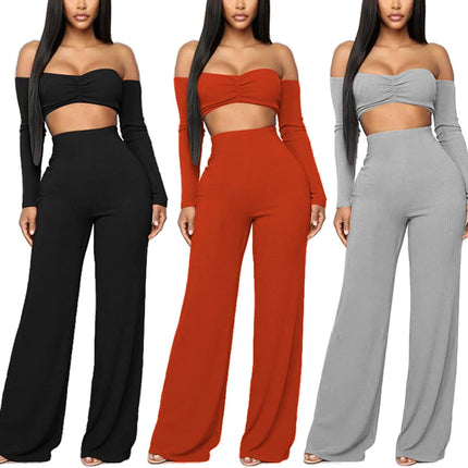 Women'S Sexy 2 Piece Outfits Clubwear off the Shoulder Crop Tops Long Loose Pant Set Long Sleeve Club Jumpsuits Black L