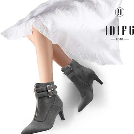 Women'S Buckle Strap Ankle Booties 3 Inch Pointed Toe Zipper Heels Dress Jeans Boots