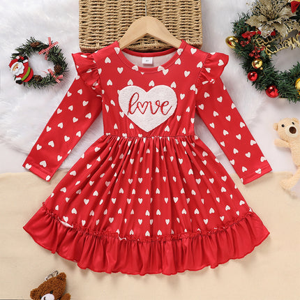 Toddler Girl's Cute 'LOVE' Embroidered Dress, Heart Print Long Sleeve A-Line Dress With Ruffle Hem