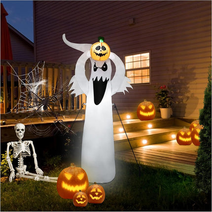 6FT Halloween Inflatables Clearance, Halloween Decoration Outdoor, Inflatable Ghost Holding Pumpkin with LED Lights, Halloween Blow up Yard Decorations for Holiday/Party/Garden