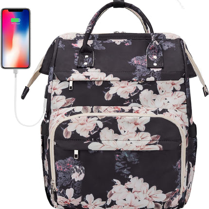 Laptop Backpack Women 17 Inch Laptop Bag for Work | Travel | Nurse | Teacher, Black Peony