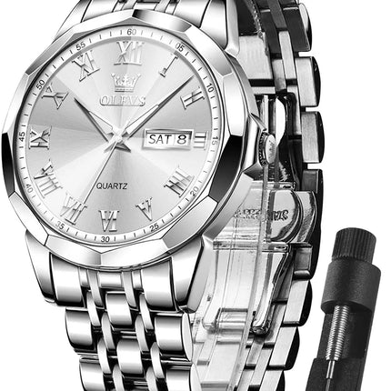 Sliver Mens Watch Large White Face Watch Fashion Stainless Steel Strap Wrist Watches Date Watches for Men Sample Waterproof Watch Easy Read Watches Roman Numerals Watch