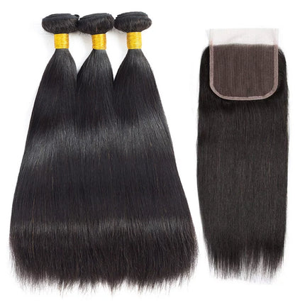 Straight Human Hair Bundles with Closure (20 22 24+18Inch) Brazilian Straight Hair 3 Bundles with Lace Closure 4X4 Free Part 100% Human Hair Bundles Natural Color