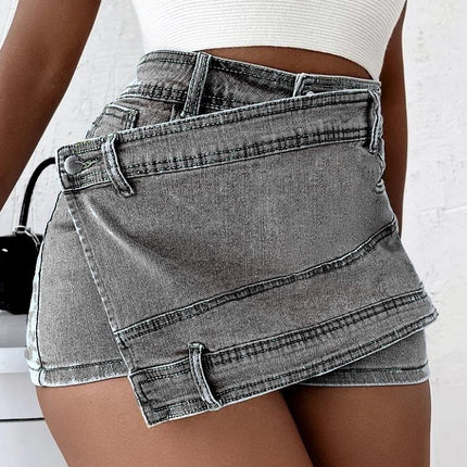 Y2K Street Vintage Denim Shorts Stretch Overlap Waist Wrap Solid Asymmetrical Hem A-Line Skinny Mini Skorts Skirt