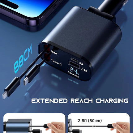 Retractable Car Charger 4 in 1 Fast Car Phone Charger 120W with USB Type C Cable