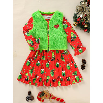 Toddler Kids Baby Girl Christmas Dress Outifts, Long Sleeves Cartoon Prints Party Dress With Heart Print Vest Coat Xmas Clothes Set