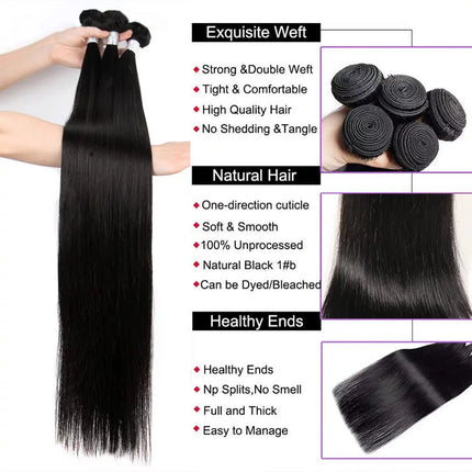 Brazilian Straight 3 Bundles with Closure (20 22 24+18) 100% Unprocessed Brazilian Straight Human Hair Bundles with 4X4 Lace Closure Free Part Natural Color