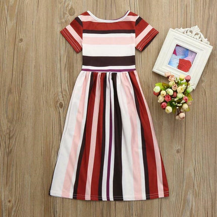 Girl'S Summer Short Long Sleeve Stripe Holiday Dress Maxi Dress with Pocket Size 6-12T