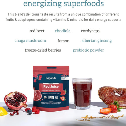 Red Juice - Natural Superfood Energy Boost - High in Antioxidants - Sweet-Berry Taste - Caffeine-Free - Contains Adaptogens and Organic Mushrooms, 30 Servings