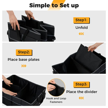 13 Gallon Car Trunk Organizer - 3 Compartments+6 Pockets, 600D Oxford Fabric, Non-Slip Base, Black