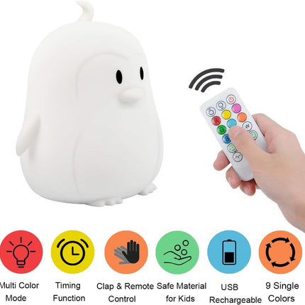 Kids Night Light (Silicone Light) USB Rechargeable Penguin Night Lights, 9 Colors Change with Touch Sensor and Remote Control for Baby/Kids/Adult Bedroom (Penguin)