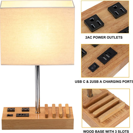 Desk Lamp with 3 USB Charging Ports, Table Lamp with 2AC Outlets and 3 Phone Stands, Nightstand Bedside Lamp with Natural Wooden Base and Cream Linen Shade