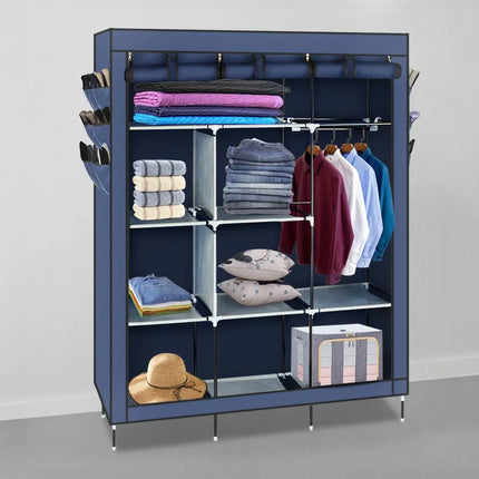 Portable Closet Storage Organizer Wardrobe Clothes Rack Shelves Navy Blue