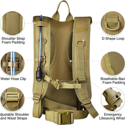 17L Hydration Backpack with 3L TPU Water Bladder, Water Backpack Hydration Pack for Hunting Hiking Cycling Climbing Biking Running, Molle Compatible Water Backpack for Adult, Tan