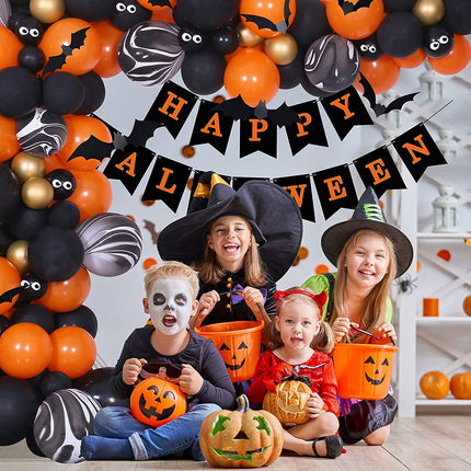 Halloween Balloons Garland Arch Kit, Halloween Party Decorations Set with Halloween Banner Orange,Black and Gold Balloons,Bats Decoration for Halloween Party Supplies