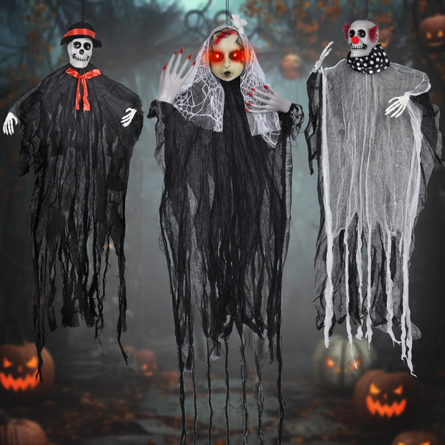 3 Pack Hanging Halloween Skeleton Ghosts Decorations, Scary Grim Reaper Outdoor Halloween Decorations with Glowing Eyes for Halloween Indoor Outdoor Yard Trees Decor Supplies