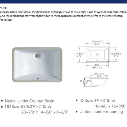 Bathroom Undermount Basin, White Rectangular Bathroom Undermount Basin, Ceramic Undermount Wash Basin.
