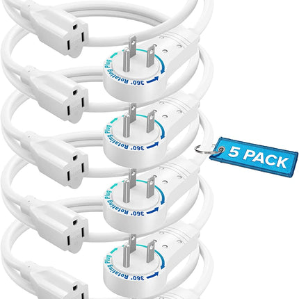 Extension Cord 1 Foot White Flat Plug, 360° Rotating Short Power Cord Single Outlet, Indoor 16 Gauge 3 Prong Grounded Wire UL Certified (1Ft White)