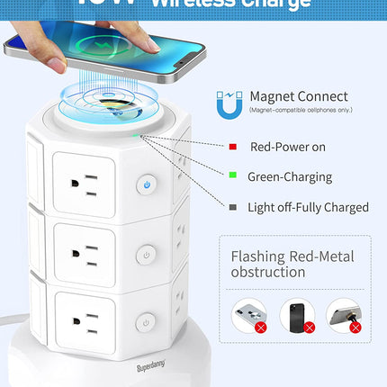 Power Strip Tower,  Surge Protector Tower with 15W Magnetic Wireless Charger, 1050J, 13A Charging Station with 12 AC Outlets & 6 USB Ports, 6.5Ft Extension Cord for Home Office, White