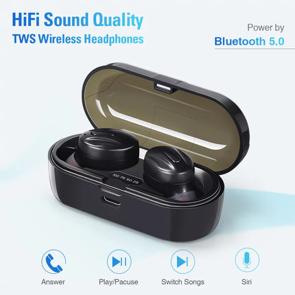 True Wireless Earbuds, TWS Stereo Waterproof Bluetooth Earphones with Charging Case, Built-In Mic for Iphone/Android