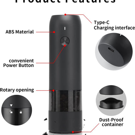 Rechargeable Electric Pepper or Salt Grinder, Adjustable Coarseness with USB Powered, One Hand Automatic Operated, Ceramic Grind, Refillable, ABS Food Grade Material(Black)