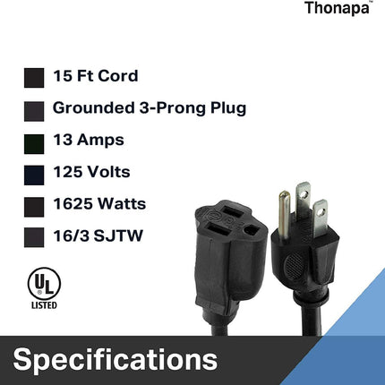 13 Amp Outdoor Extension Cord 15 Ft, 2 Pack, 16/3 SJTW 15 Foot Black Extension Cord 3 Prong Multi Pack, Weatherproof Exteriorpower Cable for Outdoor Lights, Landscaping, Lawn, UL Certified