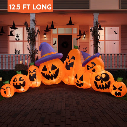 12.5 FT Halloween Inflatable Long Pumpkin with Witch Hat Decorations Inflatables with Build-In Leds,Halloween Decor Outdoor Blow up Yard Decorations