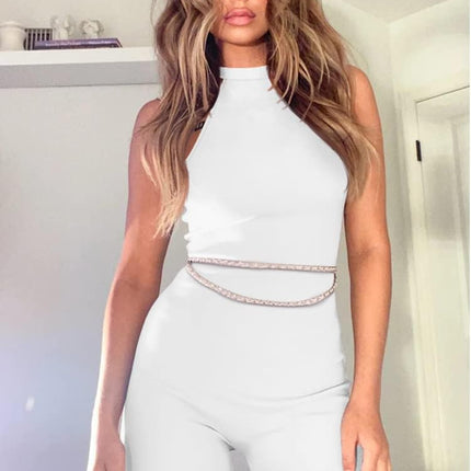 Women'S High Neck Sleeveless Short Jumpsuit Bodycon Party Romper White