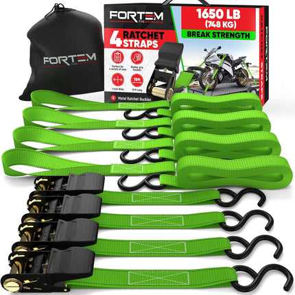 Ratchet Straps, 1650Lb Break Strength, 4 15Ft Tie down Strap Set, 4 Soft Loops, Motorcycle Straps Tie Downs, Cargo Straps for Trucks, Rubber Handles, Coated Metal Hooks, Carry Bag (Green)