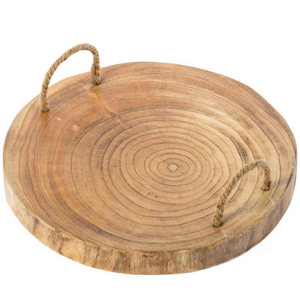 Brown Wood round Tray Serving Platter Board with Rope Handles