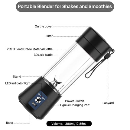 Portable Personal Blender Cup for Smoothies and Shakes, Small Smoothie Blender Mini Machine with USB Rechargeable, 480Ml