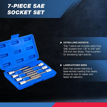 10072A 3/8-Inch Drive Extra Long Allen Hex Bit Socket Set, SAE, 1/8-Inch - 3/8-Inch | S2 and Cr-V Steel, 7-Piece Set