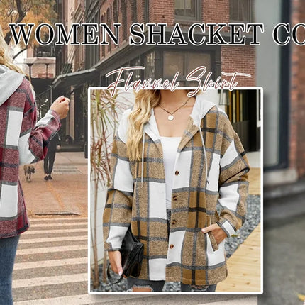 Flannel Shirts for Women Button down Plaid Shirt Hooded Shacket Jacket with Pocket