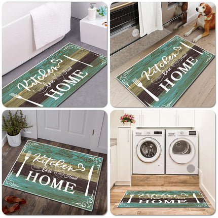 Boho Kitchen Rug Sets  2 Piece Washable Non-Slip Mats Teal 20x32 20x48 In