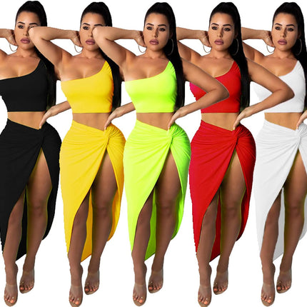 Bodycon Dress for Women Sexy One Shoulder Two Piece Outfits Slit Skirt