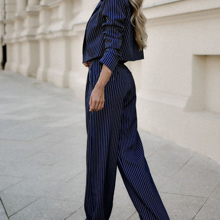 Fashion Striped Suits Casual Lapel Long Sleeve Cropped Top And Straight Pants Outfits Women's Clothing