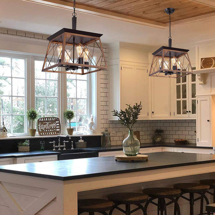 Farmhouse Rustic Chandeliers,Antique Geometric Industrial Hanging Light Bronze 4 Lights for Dining Room Kitchen Island Entryway Foyer Restaurant UL Listed