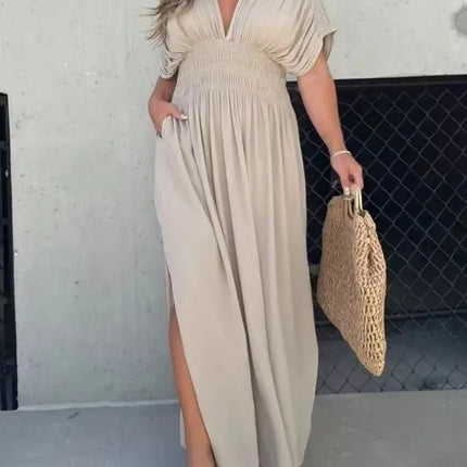 Fashion Bat-sleeved V-neck Slit Dress Summer Short Sleeve Elastic Waist Long Dresses Womens Clothing