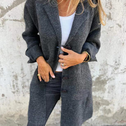 Lapel Single Breasted Cardigan With Pockets Fashion Color Solid Mid-Length Outwear Coat Womens Clothing