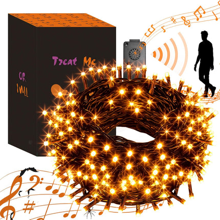 Halloween Lights Outdoor, 82 FT 200 LED Halloween String Lights with Music, Waterproof Orange Lights Plug in Motion Sensor Halloween Decorations Outdoor