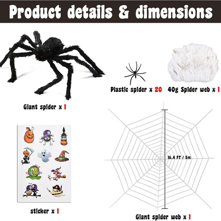 200" Halloween Spider Web Decoration with 79" Large Hairy Spider, Stretch Halloween Cobwebs with 20 Plastic Spiders for Indoor Outdoor Halloween Yard Home Tree Party Decor